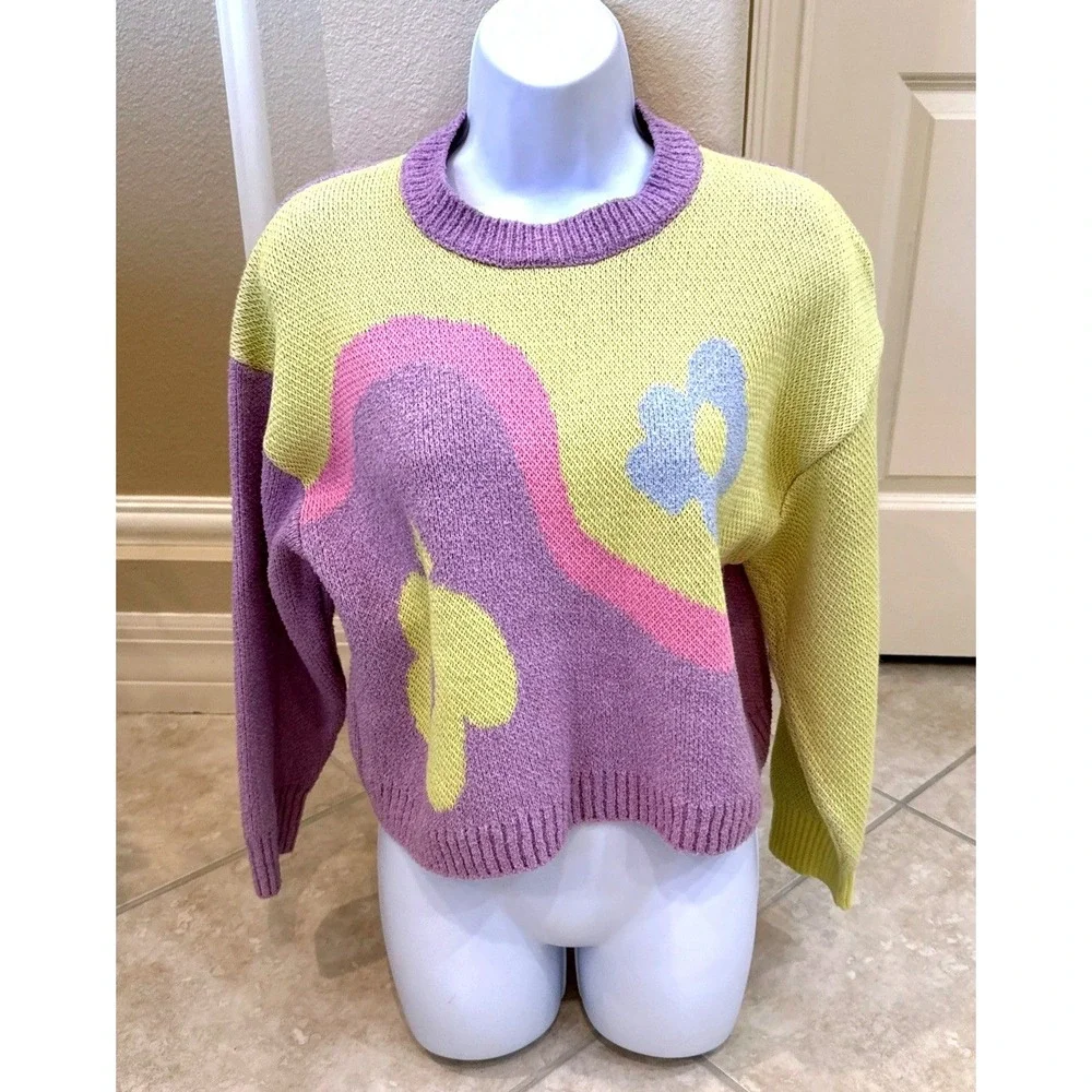 Zara Knit Floral Wavy Colorblock Cropped Sweater Pastel Yellow‎ Lilac Sz M